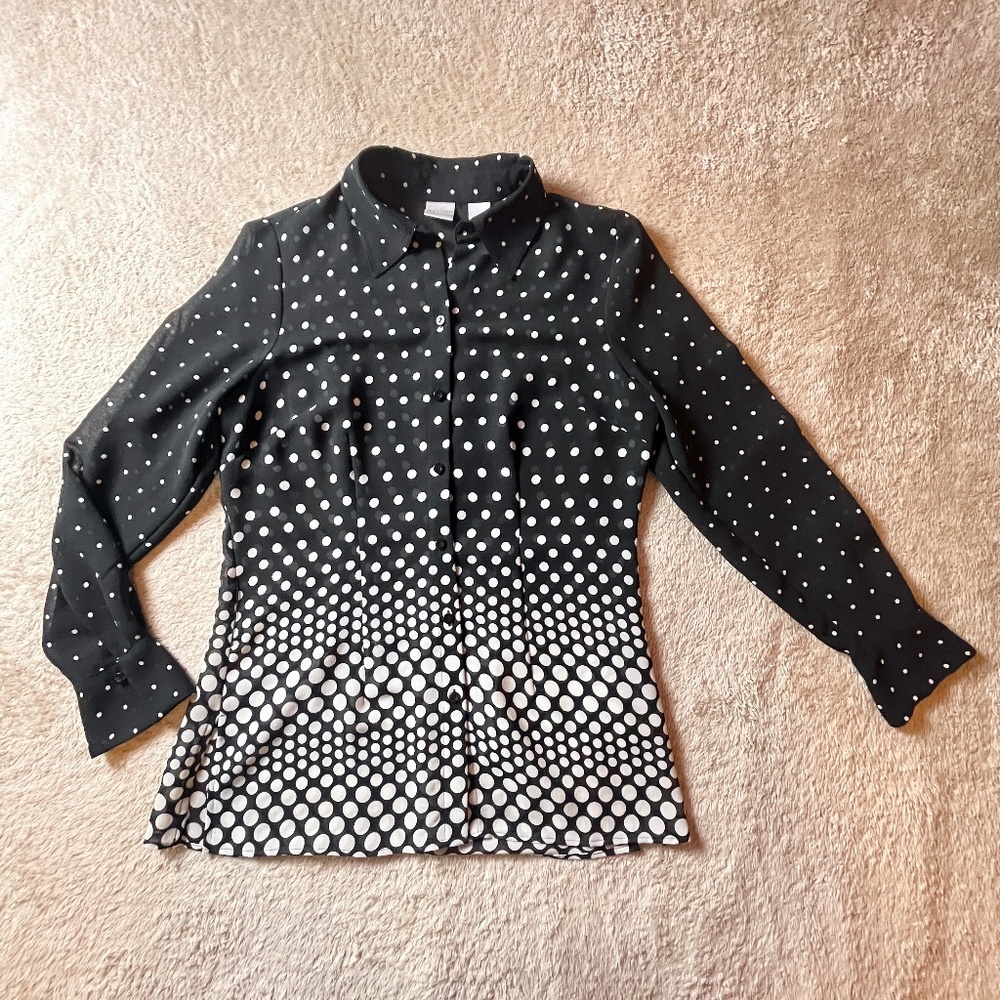 Women's Sheer Black & White Polka Dot Long Sleeve Button Up Fitted Dress Shirt
